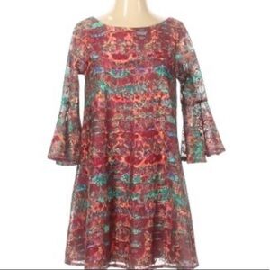 Judith March boho lace printed bell sleeve mini dress